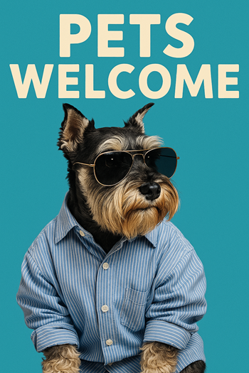 A dog wearing sunglasses and a shirt with the text